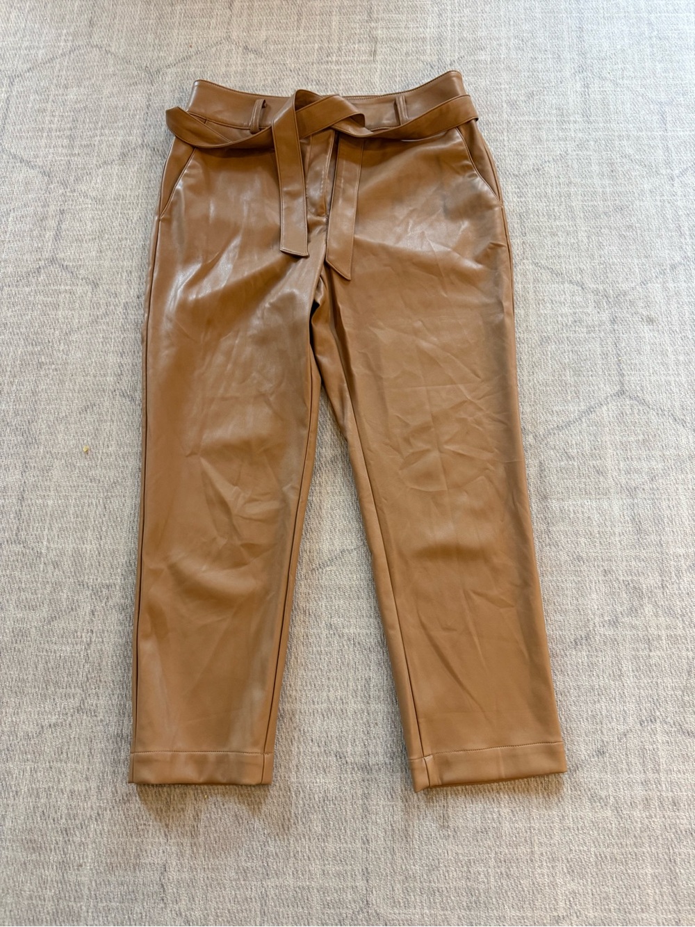 LOFT Cognac Brown Faux Leather Belted Straight Leg Pants Size 12